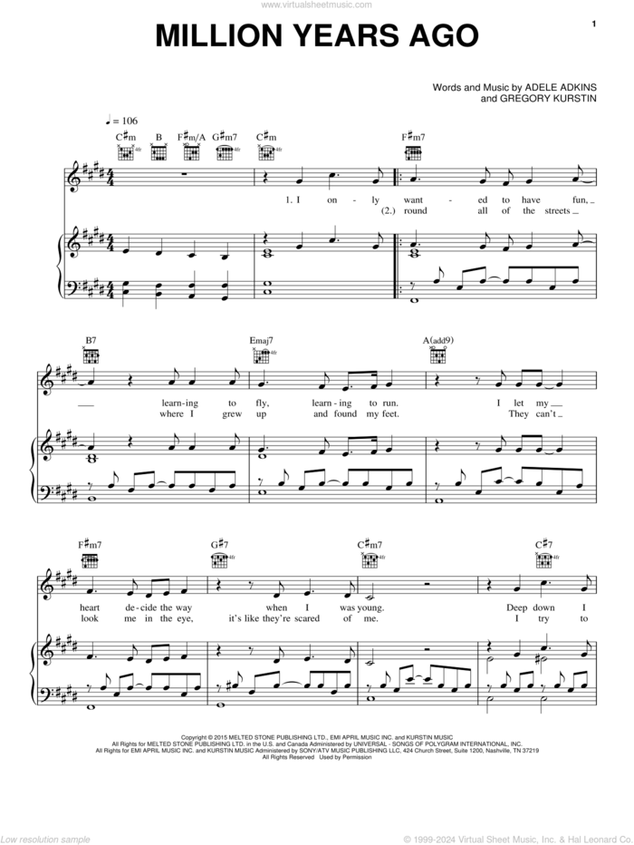 Million Years Ago sheet music for voice, piano or guitar by Adele, Adele Adkins and Gregory Kurstin, intermediate skill level