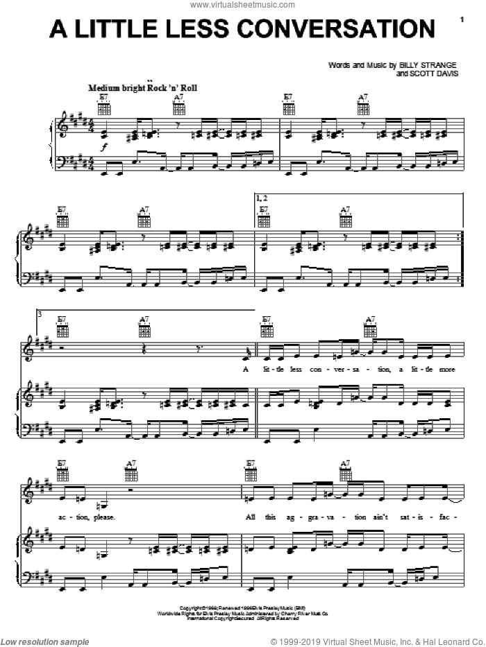 A Little Less Conversation sheet music for voice, piano or guitar by Elvis Presley, Billy Strange and Scott Davis, intermediate skill level