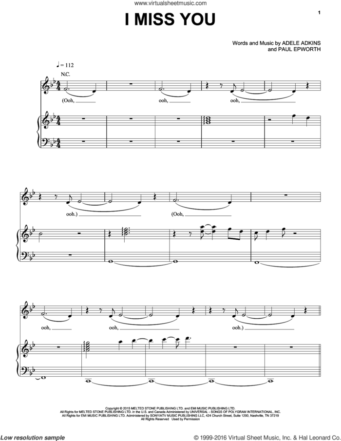I Miss You sheet music for voice, piano or guitar by Adele, Adele Adkins and Paul Epworth, intermediate skill level