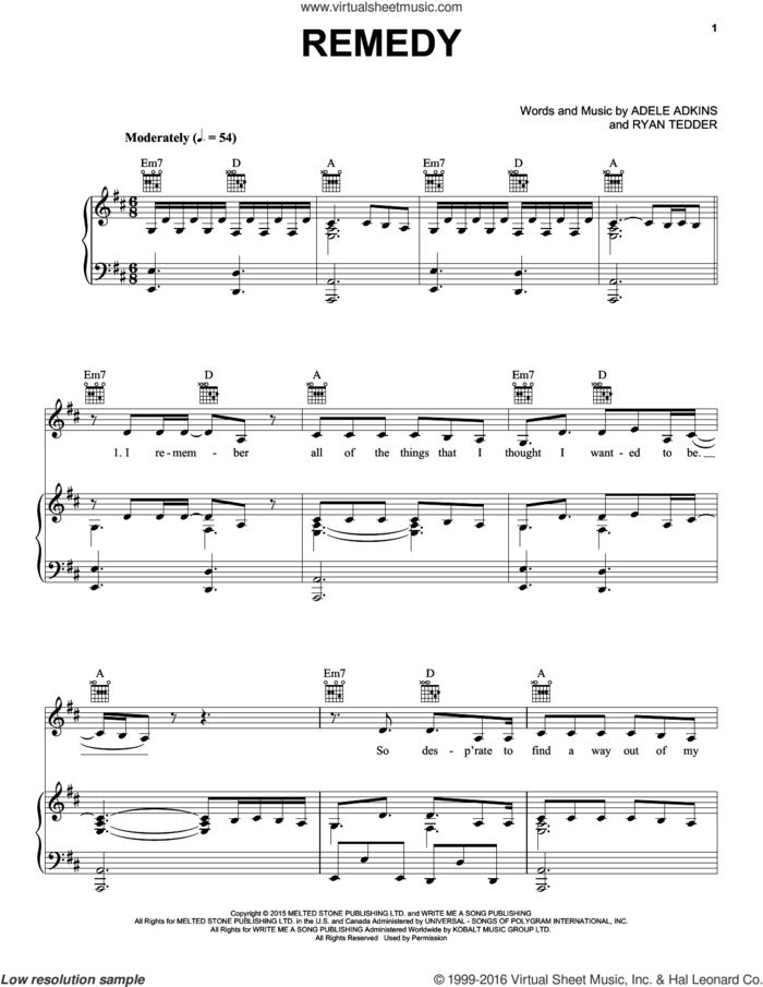 Remedy sheet music for voice, piano or guitar by Adele, Adele Adkins and Ryan Tedder, intermediate skill level