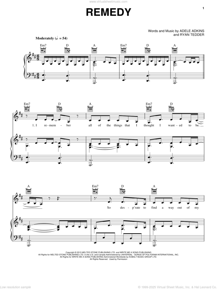 Remedy sheet music for voice, piano or guitar by Adele, Adele Adkins and Ryan Tedder, intermediate skill level