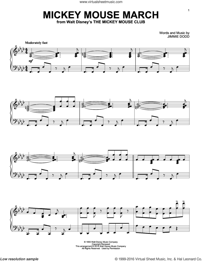 Mickey Mouse March [Jazz version] sheet music for piano solo by Jimmie Dodd, intermediate skill level