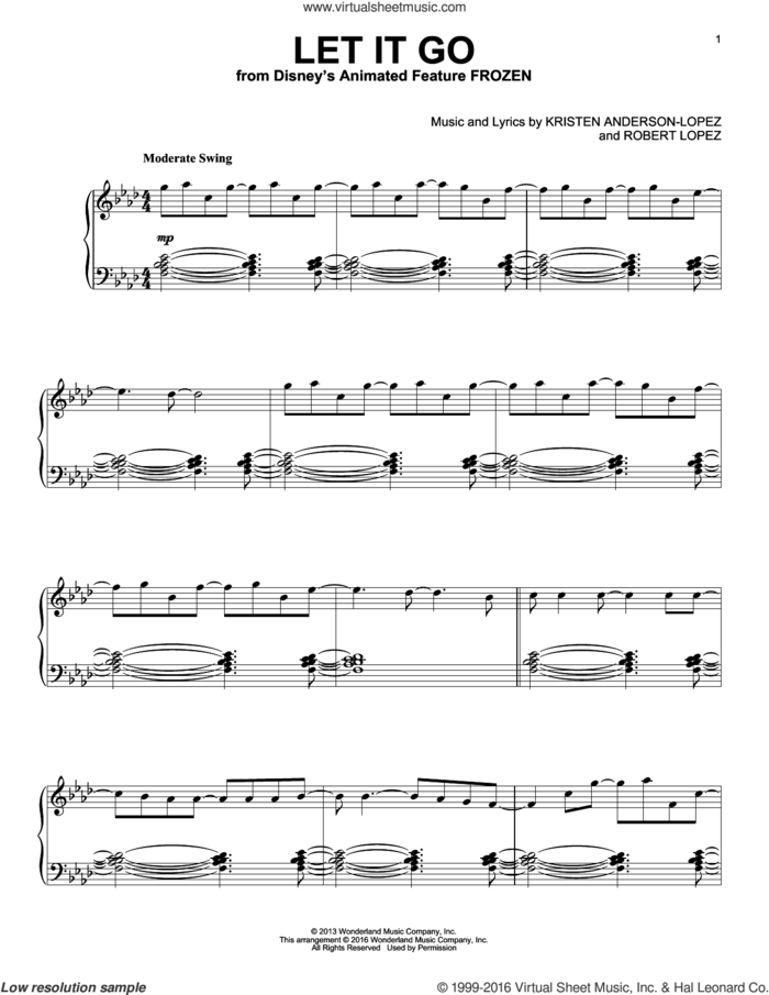 Let It Go [Jazz version] (from Frozen) sheet music for piano solo by Idina Menzel, Kristen Anderson-Lopez and Robert Lopez, intermediate skill level