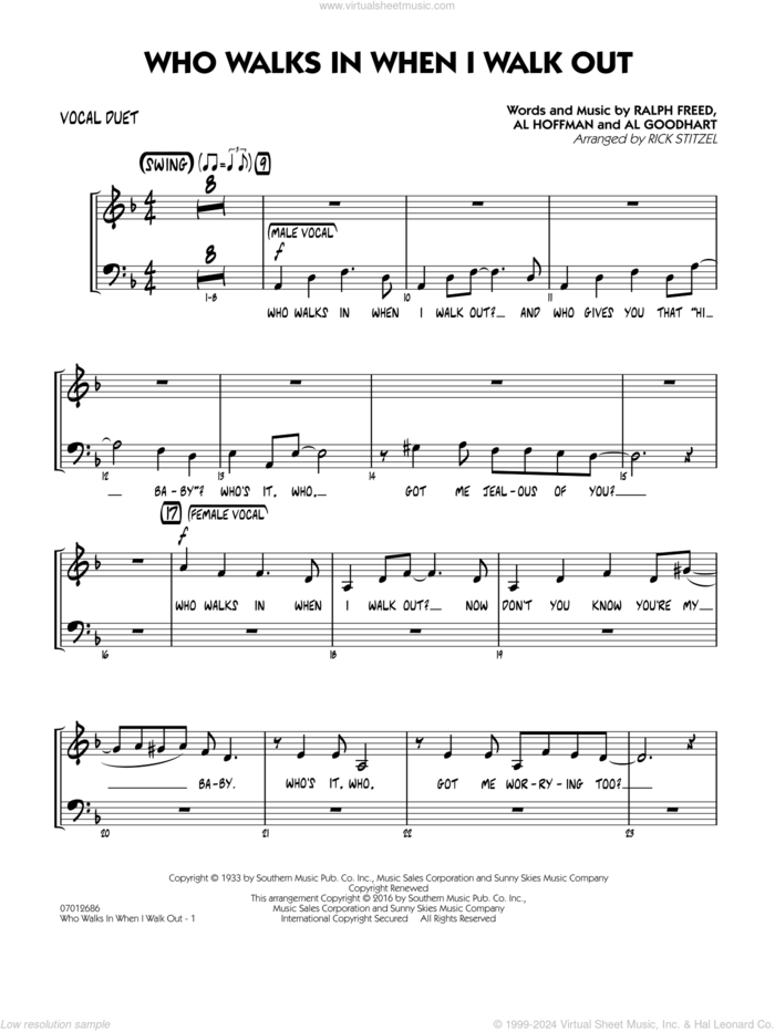 Who Walks In When I Walk Out? (Key: D minor) sheet music for jazz band (vocal duet) by Al Hoffman, Rick Stitzel, Ella Fitzgerald, Louis Armstrong, Al Goodhart and Ralph Freed, intermediate skill level