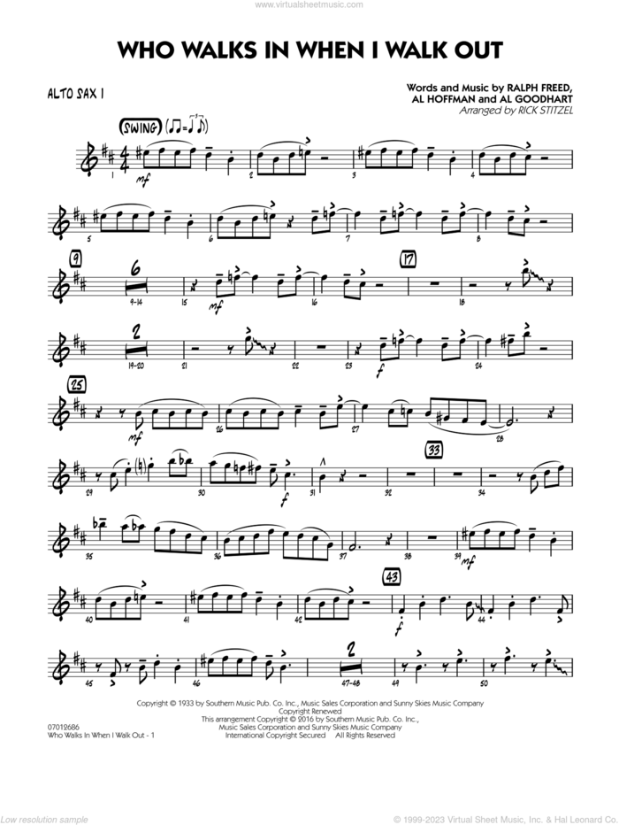 Who Walks In When I Walk Out? (Key: D minor) sheet music for jazz band (alto sax 1) by Al Hoffman, Rick Stitzel, Ella Fitzgerald, Louis Armstrong, Al Goodhart and Ralph Freed, intermediate skill level