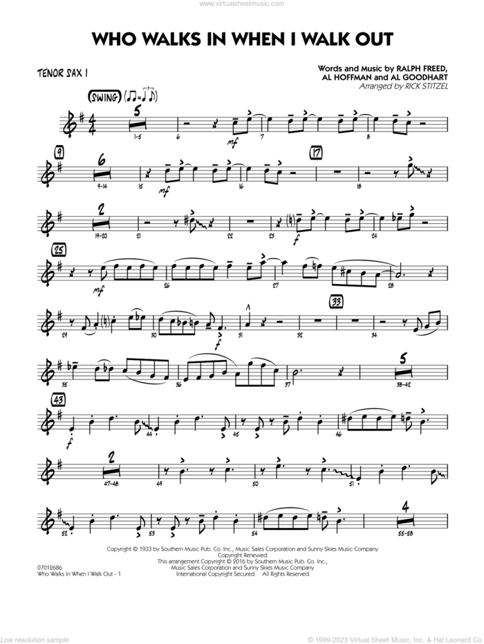 Who Walks In When I Walk Out? (Key: D minor) sheet music for jazz band (tenor sax 1) by Al Hoffman, Rick Stitzel, Ella Fitzgerald, Louis Armstrong, Al Goodhart and Ralph Freed, intermediate skill level