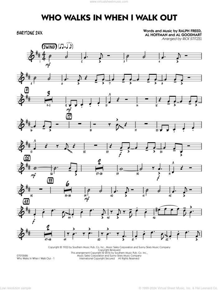 Who Walks In When I Walk Out? (Key: D minor) sheet music for jazz band (baritone sax) by Al Hoffman, Rick Stitzel, Ella Fitzgerald, Louis Armstrong, Al Goodhart and Ralph Freed, intermediate skill level