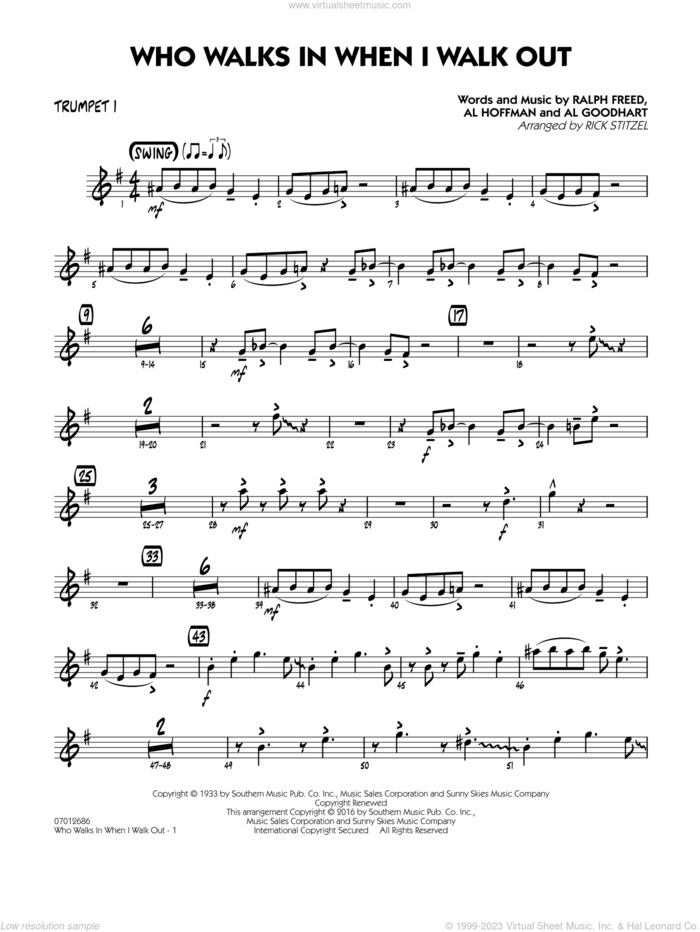 Who Walks In When I Walk Out? (Key: D minor) sheet music for jazz band (trumpet 1) by Al Hoffman, Rick Stitzel, Ella Fitzgerald, Louis Armstrong, Al Goodhart and Ralph Freed, intermediate skill level
