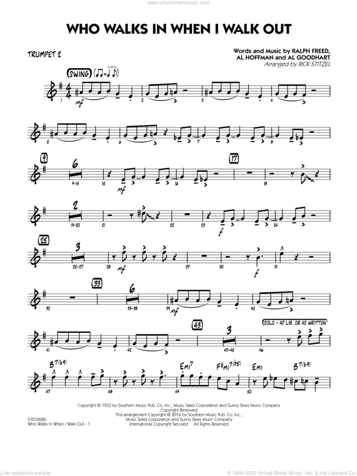 Who Walks In When I Walk Out? (Key: D minor) sheet music for jazz band (trumpet 2) by Al Hoffman, Rick Stitzel, Ella Fitzgerald, Louis Armstrong, Al Goodhart and Ralph Freed, intermediate skill level