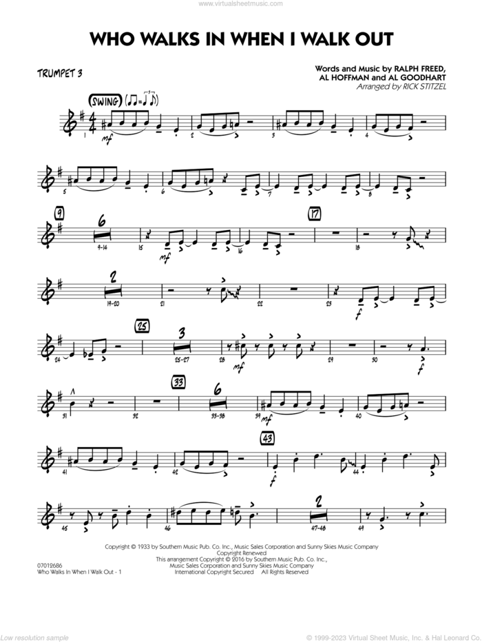 Who Walks In When I Walk Out? (Key: D minor) sheet music for jazz band (trumpet 3) by Al Hoffman, Rick Stitzel, Ella Fitzgerald, Louis Armstrong, Al Goodhart and Ralph Freed, intermediate skill level