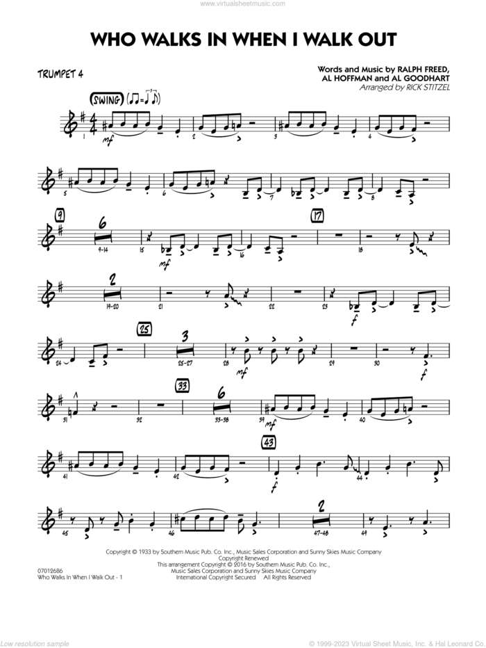 Who Walks In When I Walk Out? (Key: D minor) sheet music for jazz band (trumpet 4) by Al Hoffman, Rick Stitzel, Ella Fitzgerald, Louis Armstrong, Al Goodhart and Ralph Freed, intermediate skill level