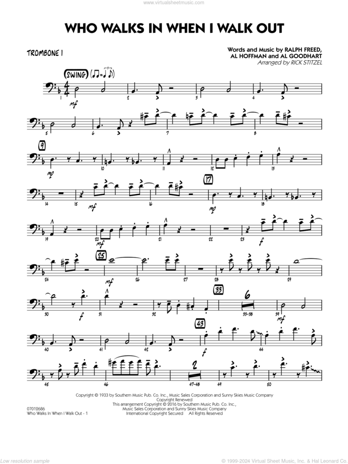 Who Walks In When I Walk Out? (Key: D minor) sheet music for jazz band (trombone 1) by Al Hoffman, Rick Stitzel, Ella Fitzgerald, Louis Armstrong, Al Goodhart and Ralph Freed, intermediate skill level