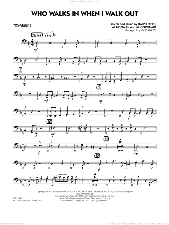 Who Walks In When I Walk Out? (Key: D minor) sheet music for jazz band (trombone 4) by Al Hoffman, Rick Stitzel, Ella Fitzgerald, Louis Armstrong, Al Goodhart and Ralph Freed, intermediate skill level