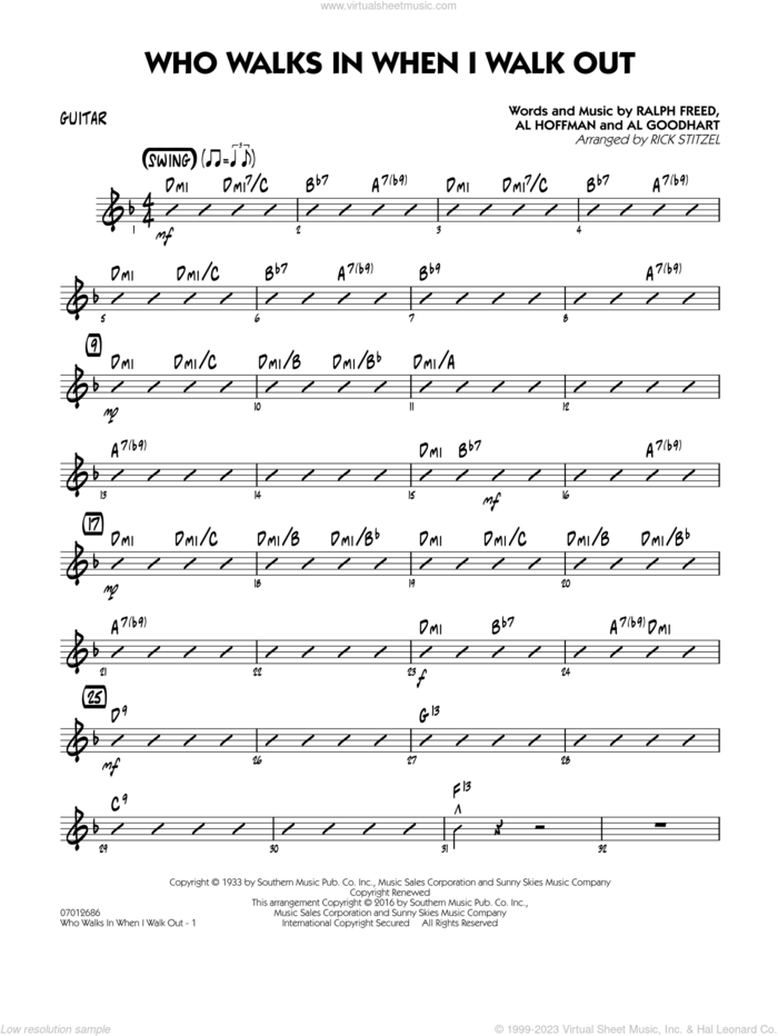 Who Walks In When I Walk Out? (Key: D minor) sheet music for jazz band (guitar) by Al Hoffman, Rick Stitzel, Ella Fitzgerald, Louis Armstrong, Al Goodhart and Ralph Freed, intermediate skill level
