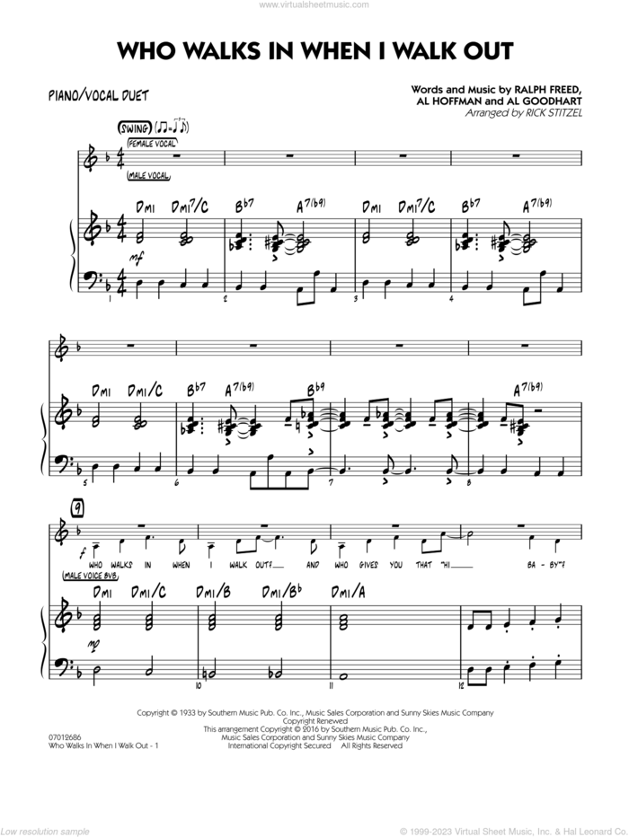 Who Walks In When I Walk Out? (Key: D minor) sheet music for jazz band (piano/vocal duet) by Al Hoffman, Rick Stitzel, Ella Fitzgerald, Louis Armstrong, Al Goodhart and Ralph Freed, intermediate skill level