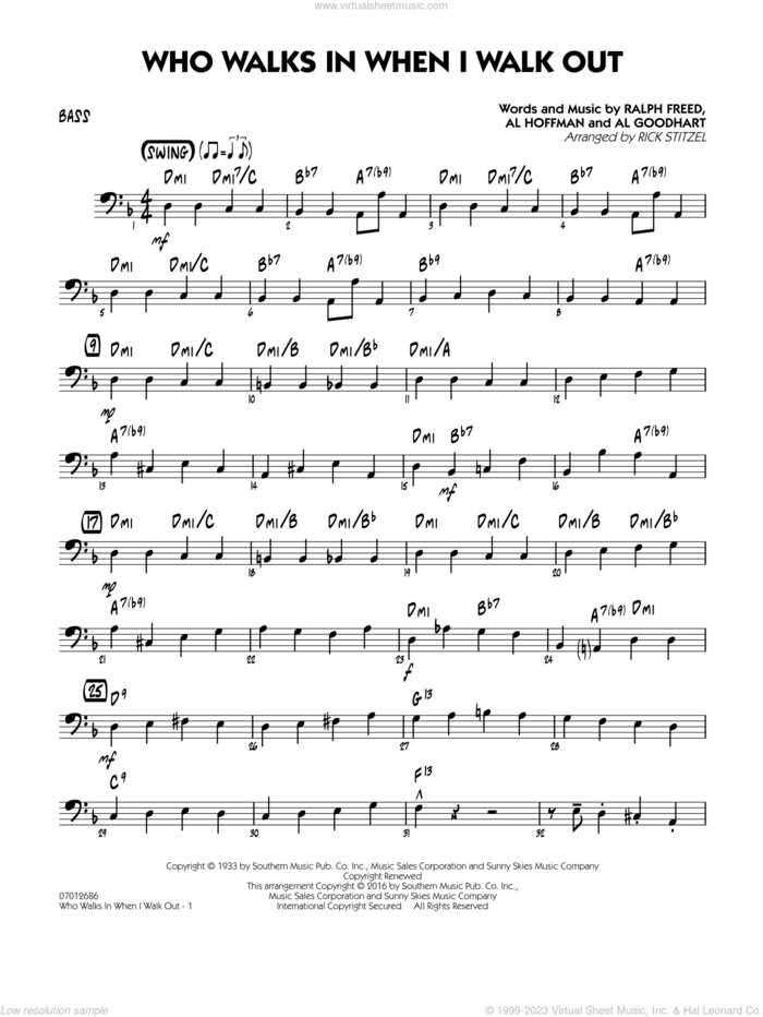 Who Walks In When I Walk Out? (Key: D minor) sheet music for jazz band (bass) by Al Hoffman, Rick Stitzel, Ella Fitzgerald, Louis Armstrong, Al Goodhart and Ralph Freed, intermediate skill level