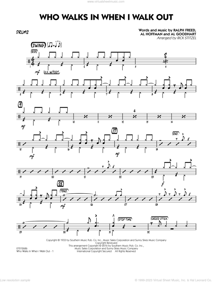 Who Walks In When I Walk Out? (Key: D minor) sheet music for jazz band (drums) by Al Hoffman, Rick Stitzel, Ella Fitzgerald, Louis Armstrong, Al Goodhart and Ralph Freed, intermediate skill level