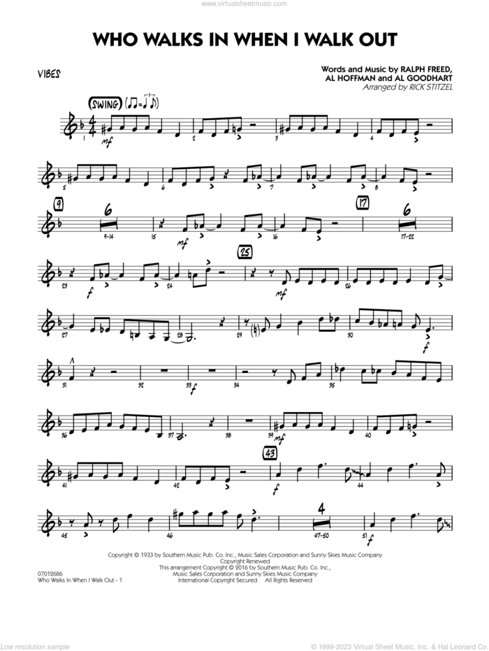 Who Walks In When I Walk Out? (Key: D minor) sheet music for jazz band (vibes) by Al Hoffman, Rick Stitzel, Ella Fitzgerald, Louis Armstrong, Al Goodhart and Ralph Freed, intermediate skill level