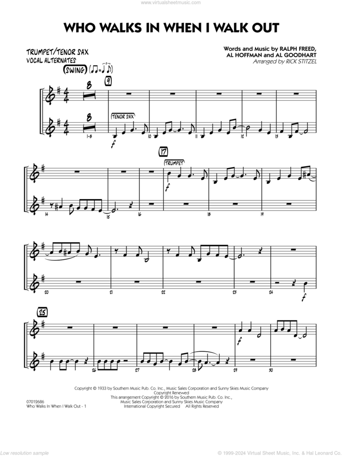 Who Walks In When I Walk Out? (Key: D minor) sheet music for jazz band (trumpet/tenor sax, vocal alt.) by Al Hoffman, Rick Stitzel, Ella Fitzgerald, Louis Armstrong, Al Goodhart and Ralph Freed, intermediate skill level