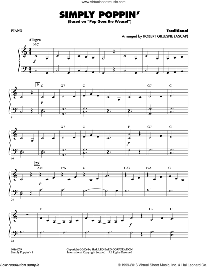 Simply Poppin' (based On Pop Goes The Weasel) sheet music for orchestra (piano) by Robert Gillespie, intermediate skill level