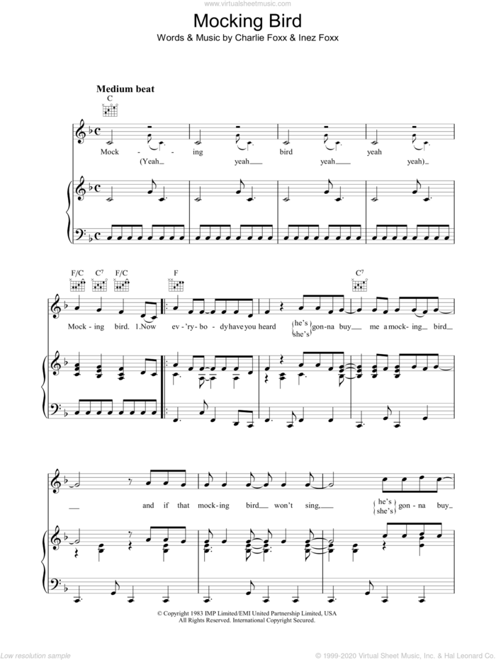 Mocking Bird sheet music for voice, piano or guitar by Charlie Foxx and Inez Foxx, intermediate skill level