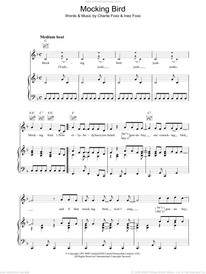 Mocking Bird sheet music for voice, piano or guitar by Charlie Foxx and Inez Foxx, intermediate skill level