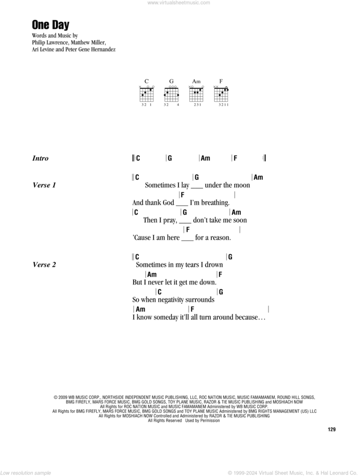 One Day sheet music for guitar (chords) by Matisyahu, Ari Levine, Matthew Miller, Peter Gene Hernandez and Philip Lawrence, intermediate skill level