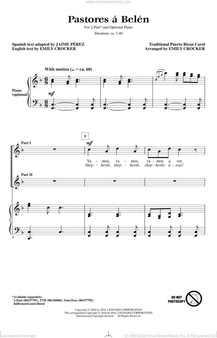 Pastores A Belen sheet music for choir (2-Part) by Emily Crocker, Jaime Perez and Miscellaneous, intermediate duet