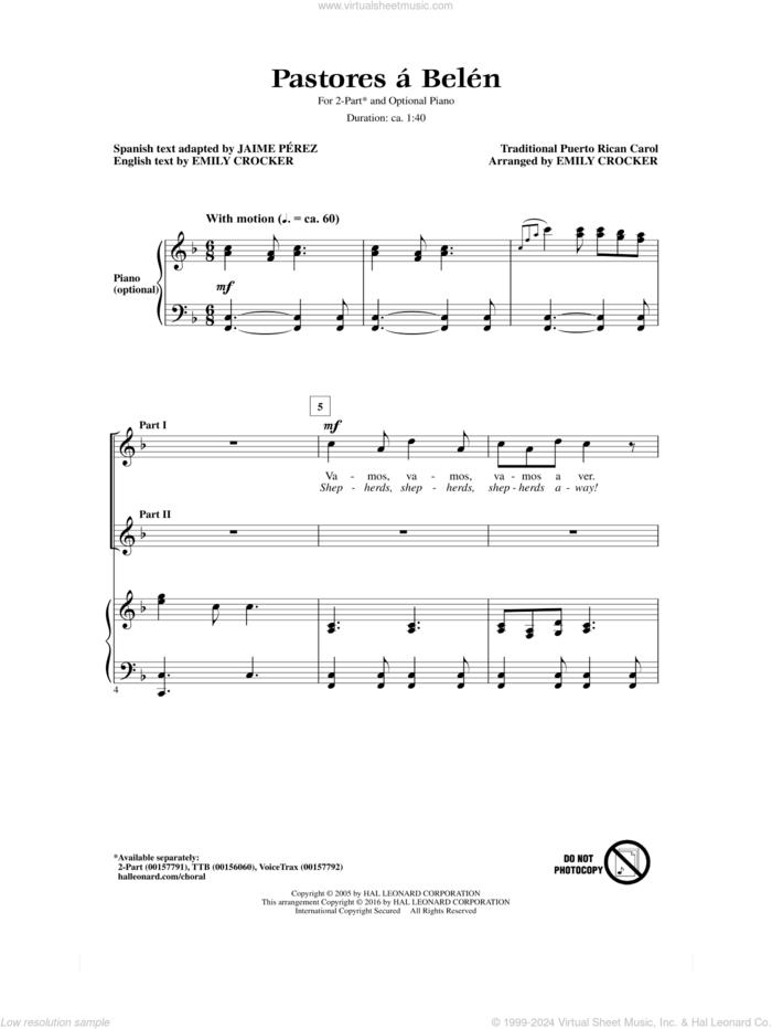 Pastores A Belen sheet music for choir (2-Part) by Emily Crocker, Jaime Perez and Miscellaneous, intermediate duet