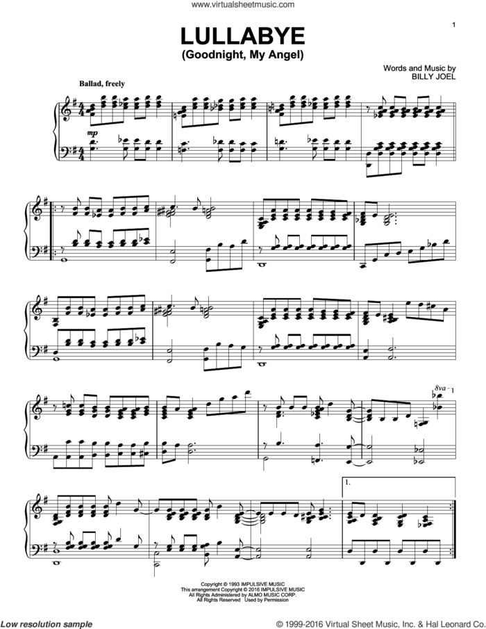 Lullabye (Goodnight, My Angel) [Jazz version] sheet music for piano solo by Billy Joel, intermediate skill level