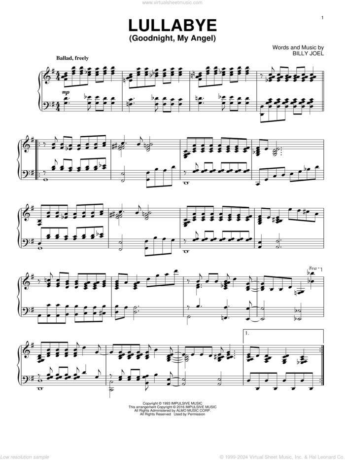 Lullabye (Goodnight, My Angel) [Jazz version] sheet music for piano solo by Billy Joel, intermediate skill level