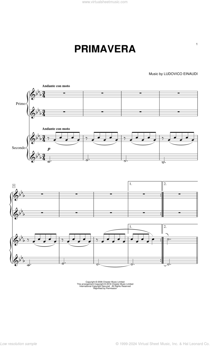 Primavera sheet music for piano four hands by Ludovico Einaudi, classical score, intermediate skill level