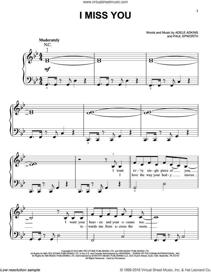 I Miss You sheet music for piano solo by Adele, Adele Adkins and Paul Epworth, easy skill level