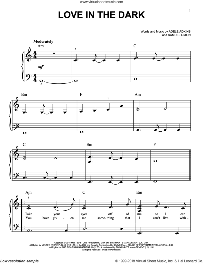 Love In The Dark sheet music for piano solo by Adele, Adele Adkins and Samuel Dixon, easy skill level