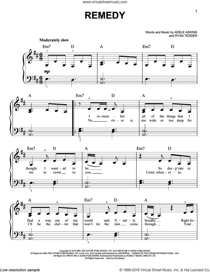 Remedy, (easy) sheet music for piano solo by Adele, Adele Adkins and Ryan Tedder, easy skill level