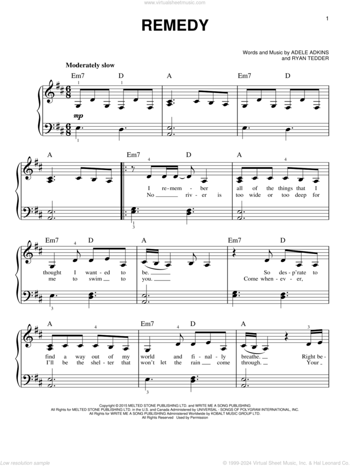 Remedy, (easy) sheet music for piano solo by Adele, Adele Adkins and Ryan Tedder, easy skill level