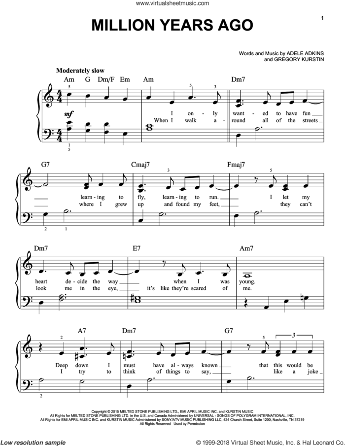 Million Years Ago sheet music for piano solo by Adele, Adele Adkins and Gregory Kurstin, easy skill level