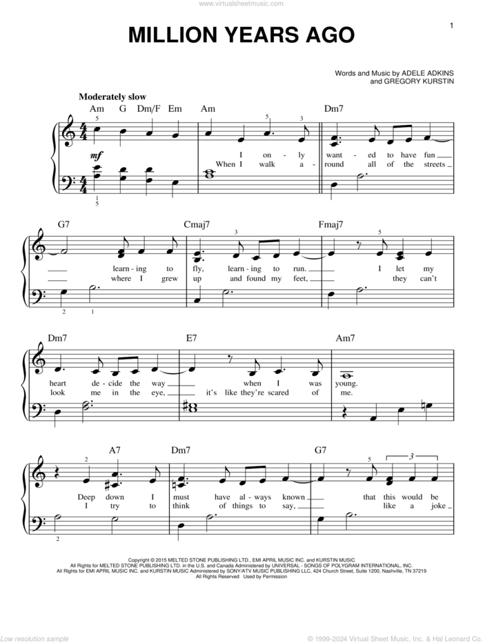 Million Years Ago, (easy) sheet music for piano solo by Adele, Adele Adkins and Gregory Kurstin, easy skill level