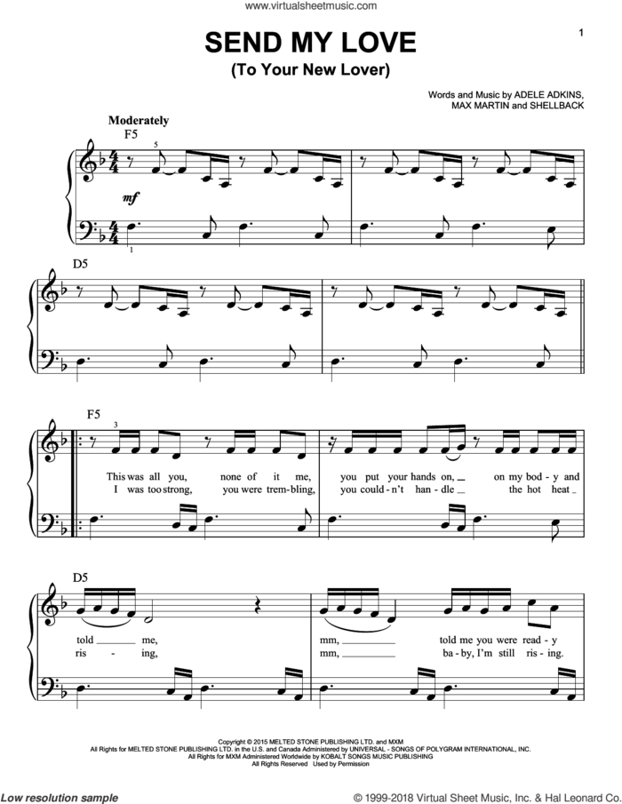 Send My Love (To Your New Lover) sheet music for piano solo by Adele, Adele Adkins, Johan Schuster, Max Martin and Shellback, easy skill level