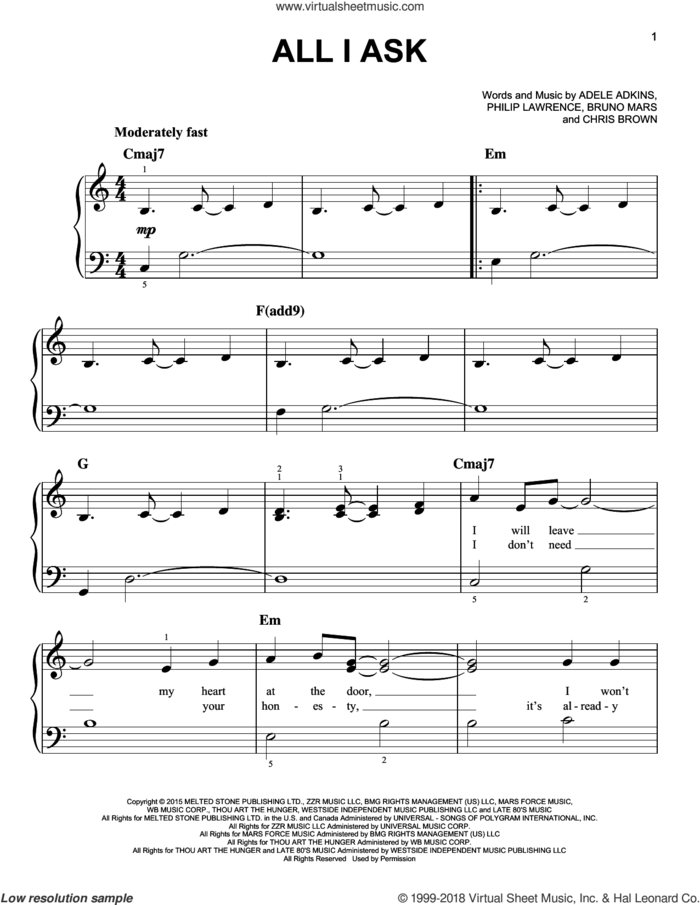 All I Ask, (easy) sheet music for piano solo by Adele, Adele Adkins, Bruno Mars, Chris Brown and Philip Lawrence, easy skill level