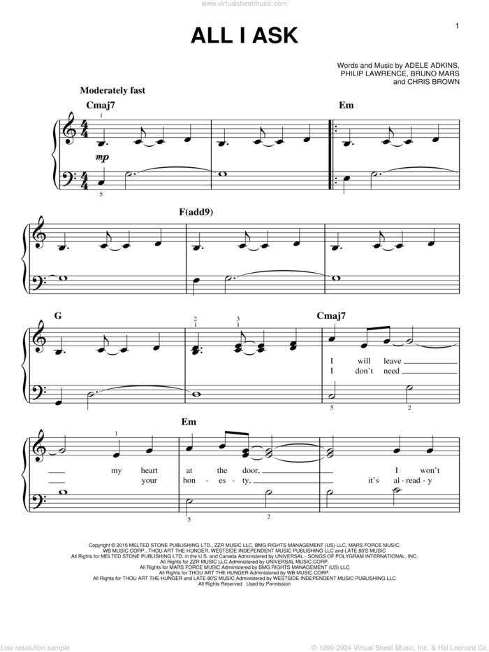 All I Ask, (easy) sheet music for piano solo by Adele, Adele Adkins, Bruno Mars, Chris Brown and Philip Lawrence, easy skill level