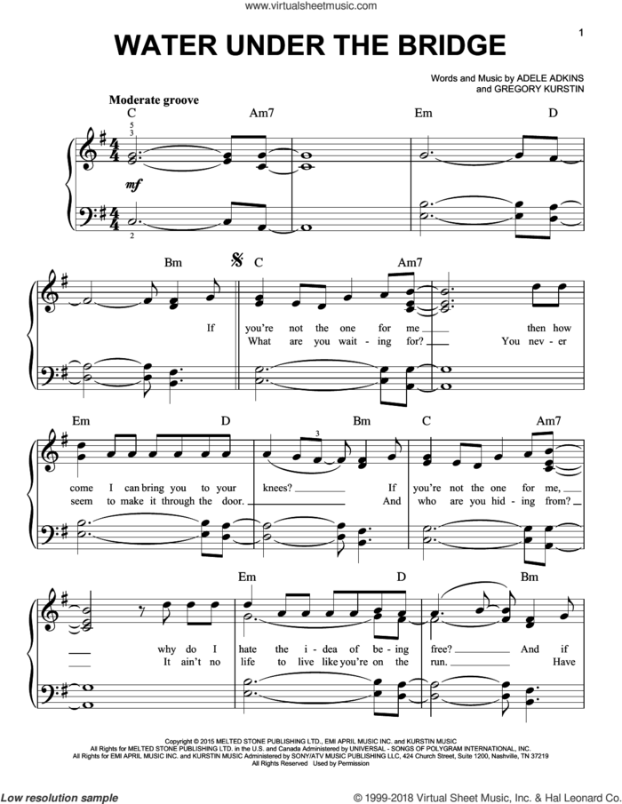 Water Under The Bridge, (easy) sheet music for piano solo by Adele, Adele Adkins and Gregory Kurstin, easy skill level