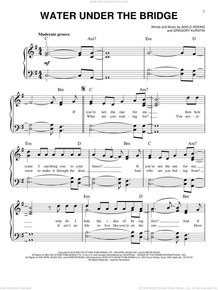 Water Under The Bridge, (easy) sheet music for piano solo by Adele, Adele Adkins and Gregory Kurstin, easy skill level