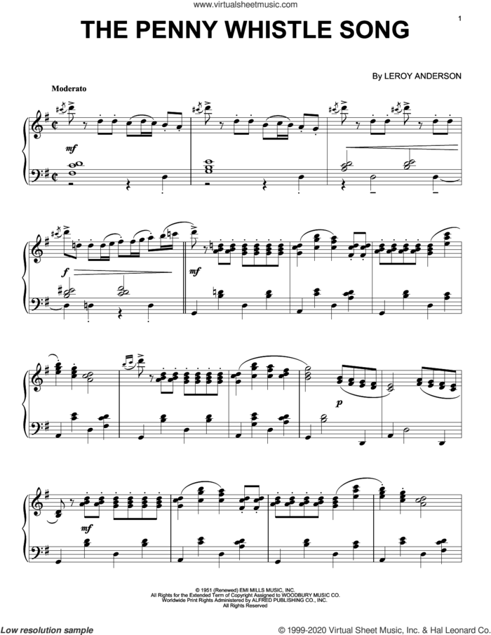 The Penny Whistle Song sheet music for piano solo by Leroy Anderson, intermediate skill level