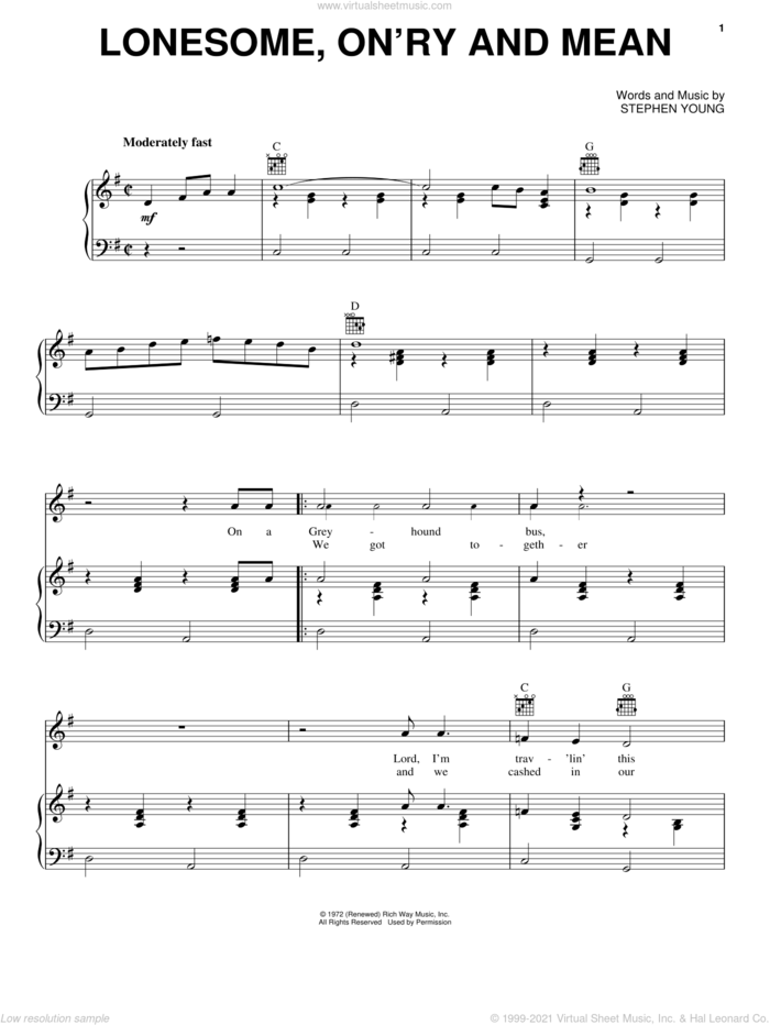 Lonesome, On'ry And Mean sheet music for voice, piano or guitar by Waylon Jennings and Stephen Young, intermediate skill level