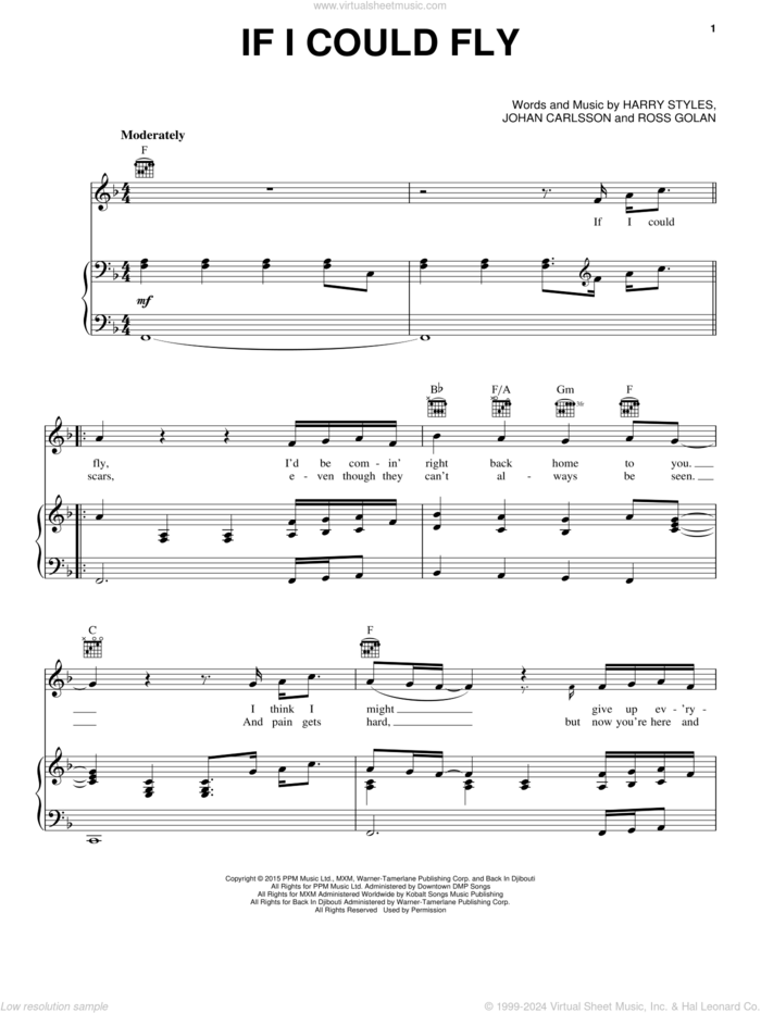 If I Could Fly sheet music for voice, piano or guitar by One Direction, Harry Styles, Johan Carlsson and Ross Golan, intermediate skill level