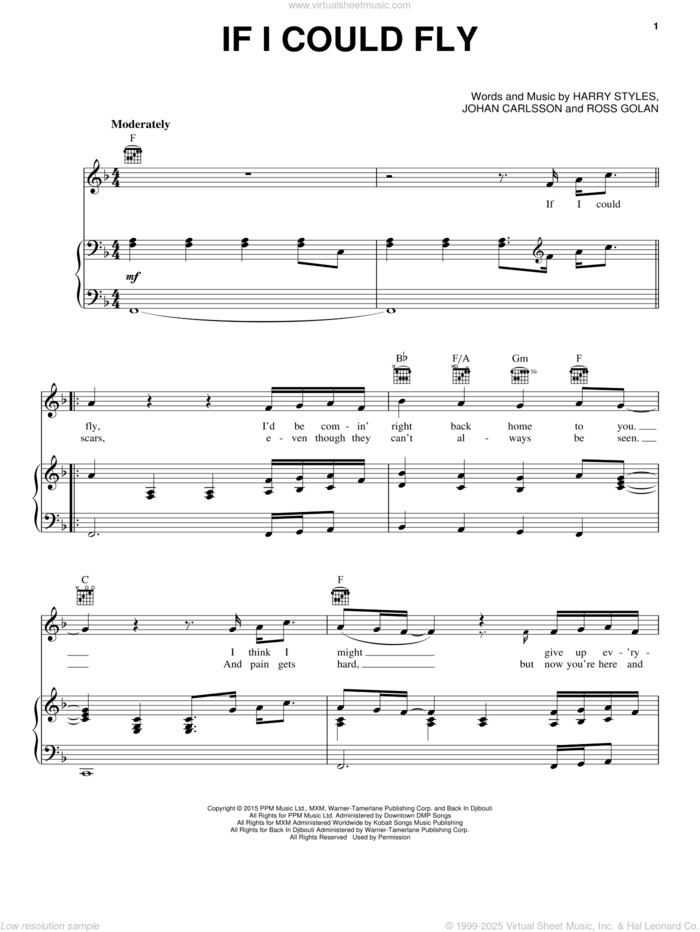 If I Could Fly sheet music for voice, piano or guitar by One Direction, Harry Styles, Johan Carlsson and Ross Golan, intermediate skill level