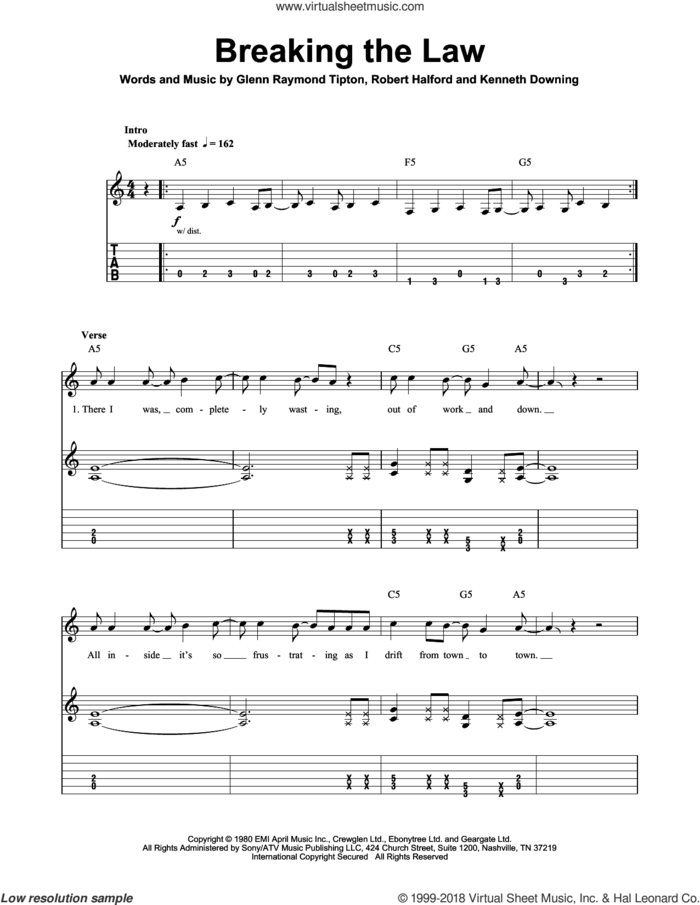 Breaking The Law sheet music for guitar (tablature, play-along) by Judas Priest, Glenn Raymond Tipton, Kenneth Downing and Rob Halford, intermediate skill level