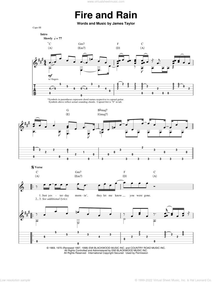 Fire And Rain sheet music for guitar (tablature, play-along) by James Taylor, intermediate skill level