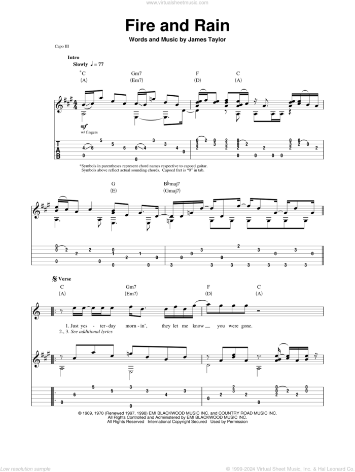 Fire And Rain sheet music for guitar (tablature, play-along) by James Taylor, intermediate skill level